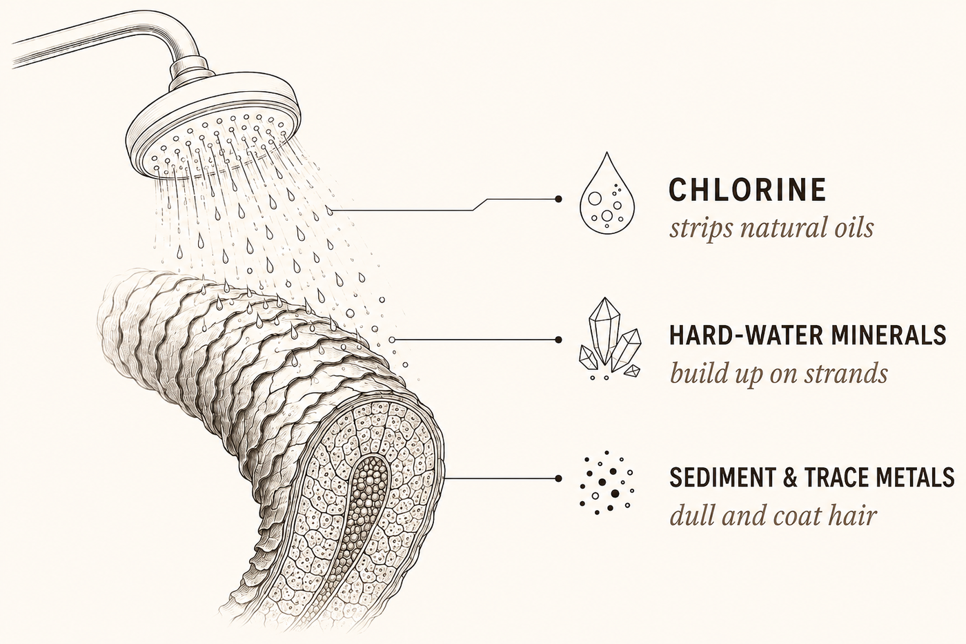 Diagram: what unfiltered water leaves behind on hair and skin